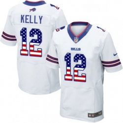 Mens Nike Buffalo Bills 12 Jim Kelly Elite White Road USA Flag Fashion NFL Jersey