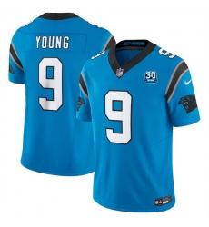 Men Carolina Panthers 9 Bryce Young Blue 2024 30th Anniversary Patch F U S E  Vapor Limited Stitched Football Jersey