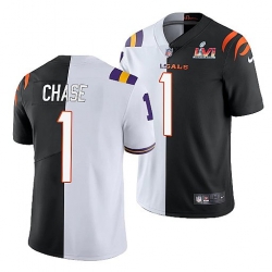 Men Cincinnati Bengals 1 Ja 27Marr Chase 2022 White Black Split Super Bowl LVI Stitched Jerse