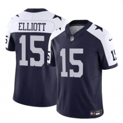 Youth Dallas Cowboys 15 Ezekiel Elliott Navy White 2023 F U S E Thanksgiving Vapor Limited Stitched Football Jersey