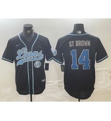 Men Detroit Lions 14 Amon Ra St  Brown Black Cool Base Stitched Baseball Jersey 1