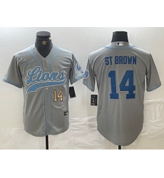 Men Detroit Lions 14 Amon Ra St  Brown Grey Cool Base Stitched Baseball Jersey 2