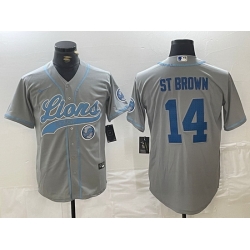 Men Detroit Lions 14 Amon Ra St  Brown Grey Cool Base Stitched Baseball Jersey 3