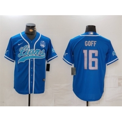 Men Detroit Lions 16 Jared Goff Blue With 90th Anniversary Patch Cool Base Stitched Baseball Jersey