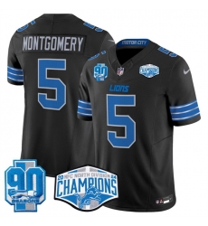 Men Detroit Lions 5 David Montgomery Black 2024 NFC North Champions 90th Anniversary Patch F U S E  Vapor Limited Stitched Jersey