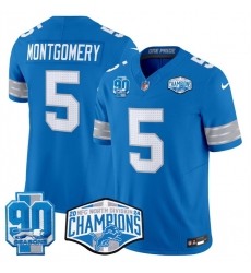 Men Detroit Lions 5 David Montgomery Blue 2024 NFC North Champions 90th Anniversary Patch F U S E  Vapor Limited Stitched Jersey