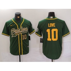 Men Green Bay Packers 10 Jordan Love Green Cool Base Stitched Baseball Jersey 2