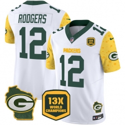 Men Green Bay Packers 12 Aaron Rodgers Cheese White 2024 F U S E  13 Time World Champions And Home Patch Vapor Untouchable Limited Stitched Football Jersey