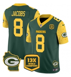 Men Green Bay Packers 8 Josh Jacobs Cheese Green 2024 F U S E  13 Time World Champions And Home Patch Vapor Untouchable Limited Stitched Football Jersey