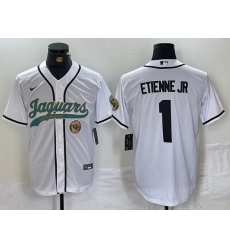 Men Jacksonville Jaguars 1 Travis Etienne Jr  White With Patch Cool Base Stitched Baseball Jersey 1