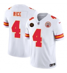 Men   Kansas City Chiefs 4 Rashee Rice White 2025 F U S E  John Madden Patch Vapor Untouchable Limited Stitched Football Jersey