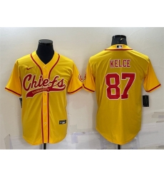 Men Kansas City Chiefs 87 Travis Kelce Gold With Patch Cool Base Stitched Baseball Jersey