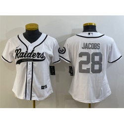 Women Las Vegas Raiders 28 Josh Jacobs White Silver With Patch Cool Base Stitched Baseball Jersey