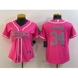 Women Las Vegas Raiders 34 Bo Jackson Pink Silver With Patch Cool Base Stitched Baseball Jersey