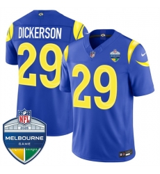 Men Los Angeles Rams  29 Eric Dickerson Royal 2026 F U S E  Melbourne Game Patch Vapor Limited Stitched Football Jersey