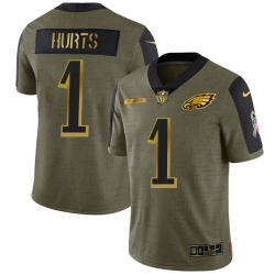 Men Philadelphia Eagles 1 Jalen Hurts 2021 Olive Camo Salute To Service Golden Limited Stitched Jersey