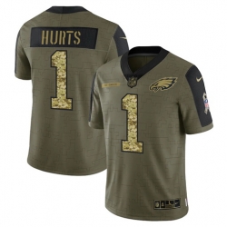 Men Philadelphia Eagles 1 Jalen Hurts 2021 Salute To Service Olive Camo Limited Stitched Jersey