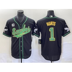 Men Philadelphia Eagles 1 Jalen Hurts Black With C Patch Cool Base Stitched Baseball Jersey