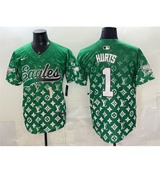 Men Philadelphia Eagles 1 Jalen Hurts Green With Patch Limited Stitched Baseball Jersey Men Philadelphia Eagles 1 Jalen Hurts Green With Patch Limited Stitched Baseball Jersey