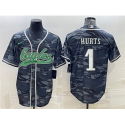 Men Philadelphia Eagles 1 Jalen Hurts Grey Camo With Patch Cool Base Stitched Baseball Jersey