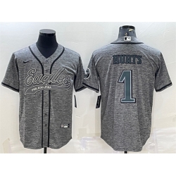 Men Philadelphia Eagles 1 Jalen Hurts Grey With Patch Cool Base Stitched Baseball Jersey