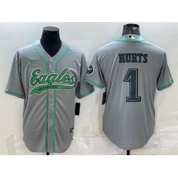 Men Philadelphia Eagles 1 Jalen Hurts Grey With Patch Cool Base Stitched Baseball Jerseys