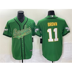 Men Philadelphia Eagles 11 A  J  Brown Green Gold Cool Base Stitched Baseball Jersey