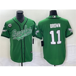 Men Philadelphia Eagles 11 A  J  Brown Green With C Patch Cool Base Stitched Baseball Jersey