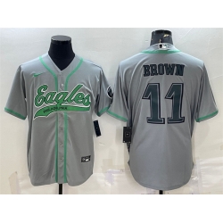 Men Philadelphia Eagles 11 A  J  Brown Grey With Patch Cool Base Stitched Baseball Jersey