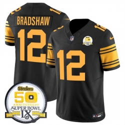 Men Pittsburgh Steelers 12 Terry Bradshaw Black 2024 F U S E 50th Anniversary Of Super Bowl IX Color Rush Limited Stitched Jersey