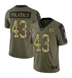 Men Pittsburgh Steelers 43 Troy Polamalu 2021 Salute To Service Olive Camo Limited Stitched Jersey
