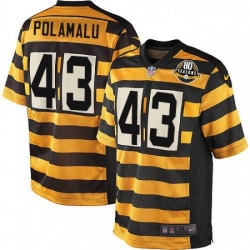 Mens Nike Pittsburgh Steelers 43 Troy Polamalu Elite YellowBlack Alternate 80TH Anniversary Throwback NFL Jersey