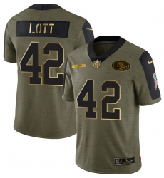 Men San Francisco 49ers 42 Ronnie Lott 2021 Olive Camo Salute To Service Golden Limited Stitched Jersey