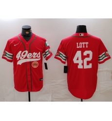 Men San Francisco 49ers 42 Ronnie Lott Red With Patch Cool Base Stitched Baseball Jersey 1