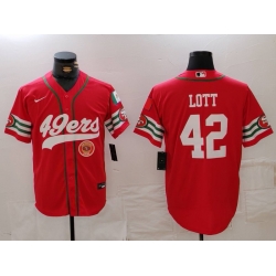 Men San Francisco 49ers 42 Ronnie Lott Red With Patch Cool Base Stitched Baseball Jersey 1