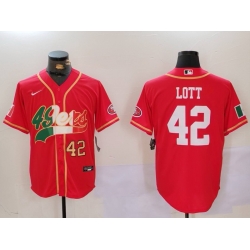 Men San Francisco 49ers 42 Ronnie Lott Red With Patch Cool Base Stitched Baseball Jersey 3