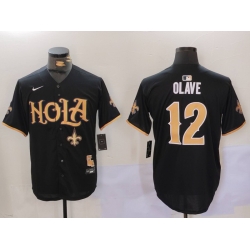 Men New Orleans Saints 12 Chris Olave Black Cool Base Stitched Baseball Jersey 1