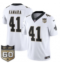 Men New Orleans Saints 41 Alvin Kamara White 2026 F U S E 60th Anniversary Patch Vapor Limited Football Stitched Jersey Men New Orleans Saints 41 Alvin Kamara White 2026 F U S E 60th Anniversary Patch Vapor Limited Football Stitched Jersey