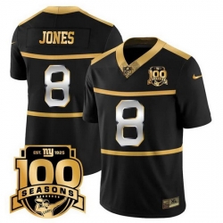 Men New York Giants 8 Daniel Jones Black Gold 100TH Season Commemorative Patch Limited Stitched Football Jersey