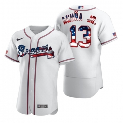 Men Atlanta Braves 13 Ronald Acuna Jr  White USA Flag Fashion Nike Cool Base Jersey