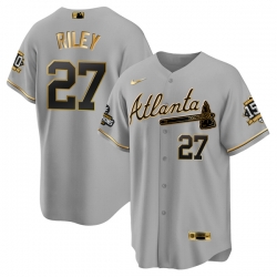 Men Atlanta Braves 27 Austin Riley 2021 Grey Gold World Series Champions With 150th Anniversary Patch Cool Base Stitched Jersey