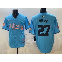 Men Atlanta Braves  27 Austin Riley Blue 2024 Atliens   Peach With Outkast Patch Vapor Limited Stitched Baseball Jersey