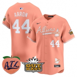 Men Atlanta Braves 44 Hank Aaron Peach 2024 Atliens  26 Peach With Outkast Patch Vapor Limited Stitched Baseball Jersey