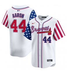 Men Atlanta Braves 44 Hank Aaron White 2024 Independence Day Vapor Limited Stitched Baseball Jersey