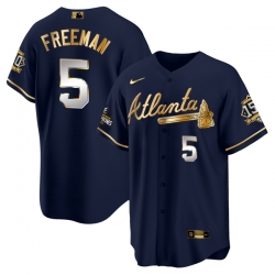 Men Atlanta Braves 5 Freddie Freeman 2021 Navy Gold World Series Champions With 150th Anniversary Patch Cool Base Stitched Jersey