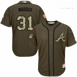 Mens Majestic Atlanta Braves 31 Greg Maddux Replica Green Salute to Service MLB Jersey