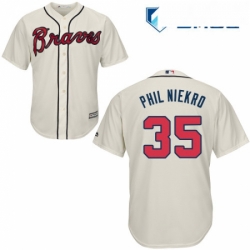 Mens Majestic Atlanta Braves 35 Phil Niekro Replica Cream Alternate 2 Cool Base MLB Jersey