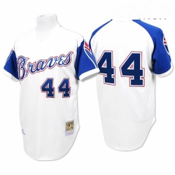 Mens Mitchell and Ness 1974 Atlanta Braves 44 Hank Aaron Replica White Throwback MLB Jersey