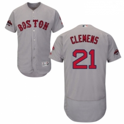 Mens Majestic Boston Red Sox 21 Roger Clemens Grey Road Flex Base Authentic Collection 2018 World Series Jersey