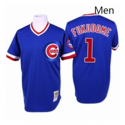 Mens Mitchell and Ness Chicago Cubs 1 Kosuke Fukudome Authentic Blue Throwback MLB Jersey